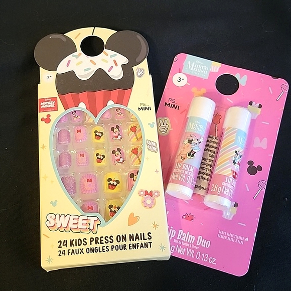 NWT! Disney Mickey Mouse Kids Press on Nails And Minnie Mouse Lip Balm Duo